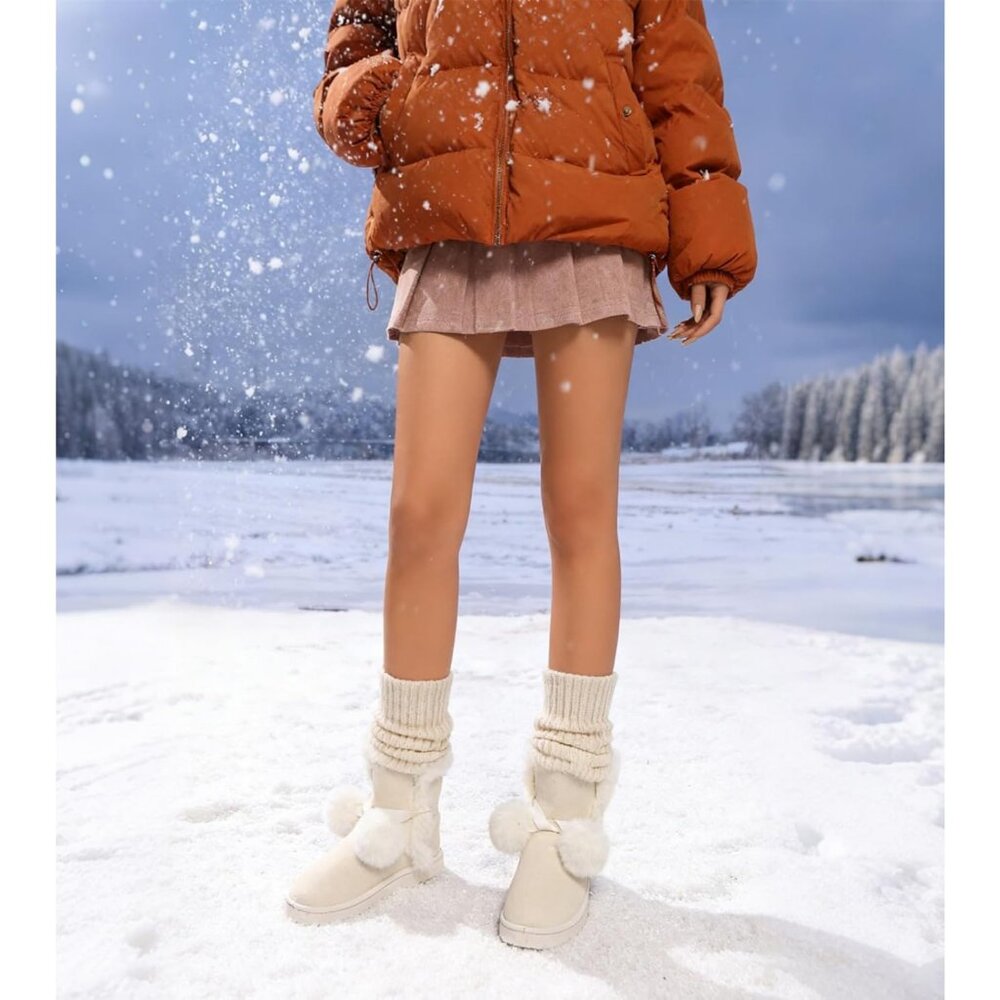 Women's Mid-calf Winter Snow Boots Lightweight Warm Faux Fur Booties Shoes White - Picture 3 of 7